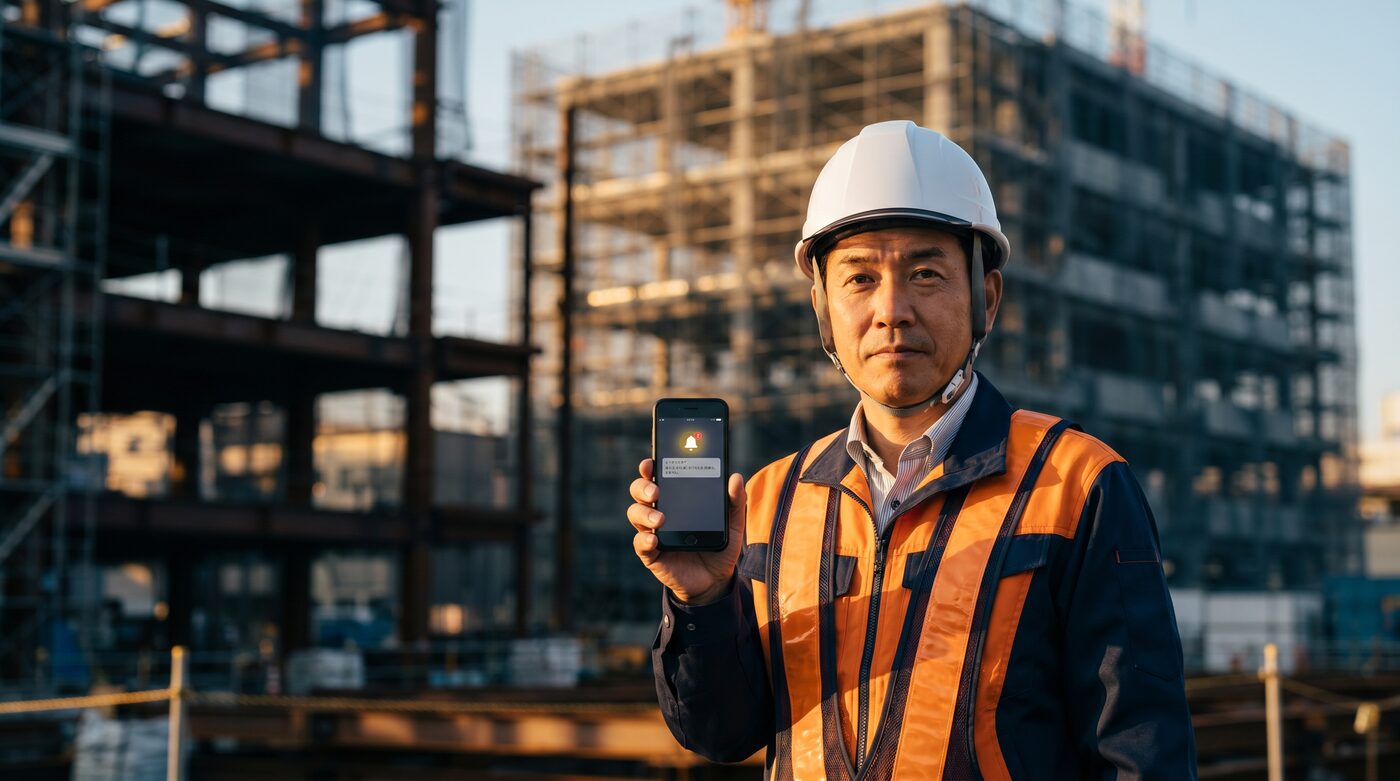 現場でスマホの通知を確認する現場監督